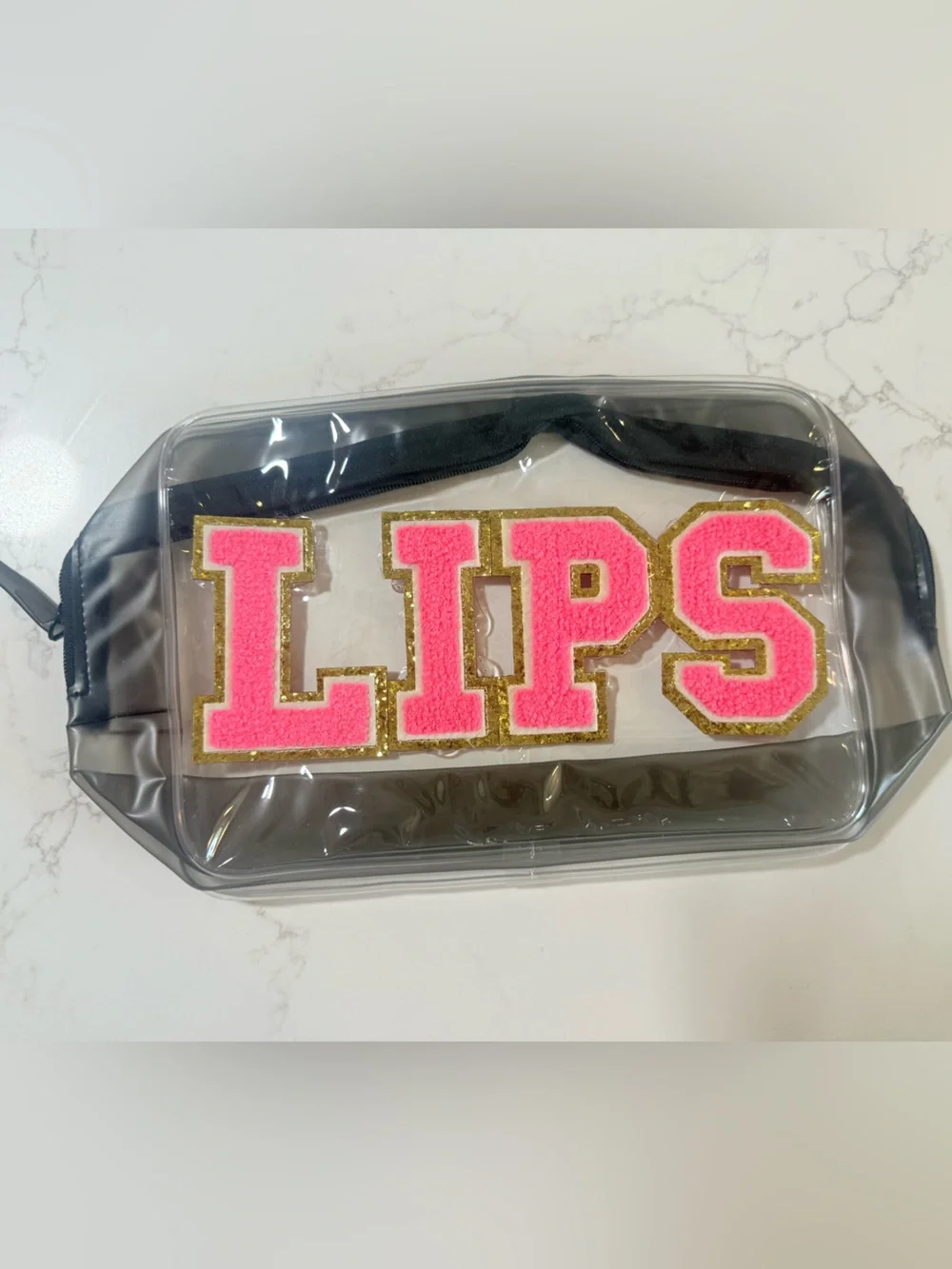 Pink Chenille Letter Patch Trim with Gold Glitter Outline